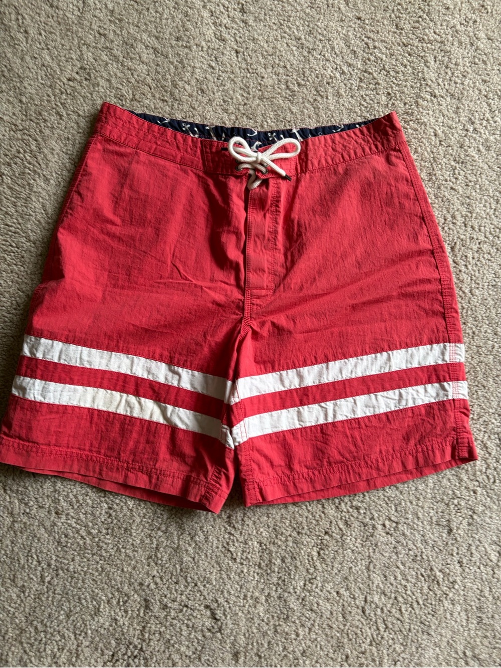 Brooks brothers men red two striped board shorts swim bathing suit shorts sz 33